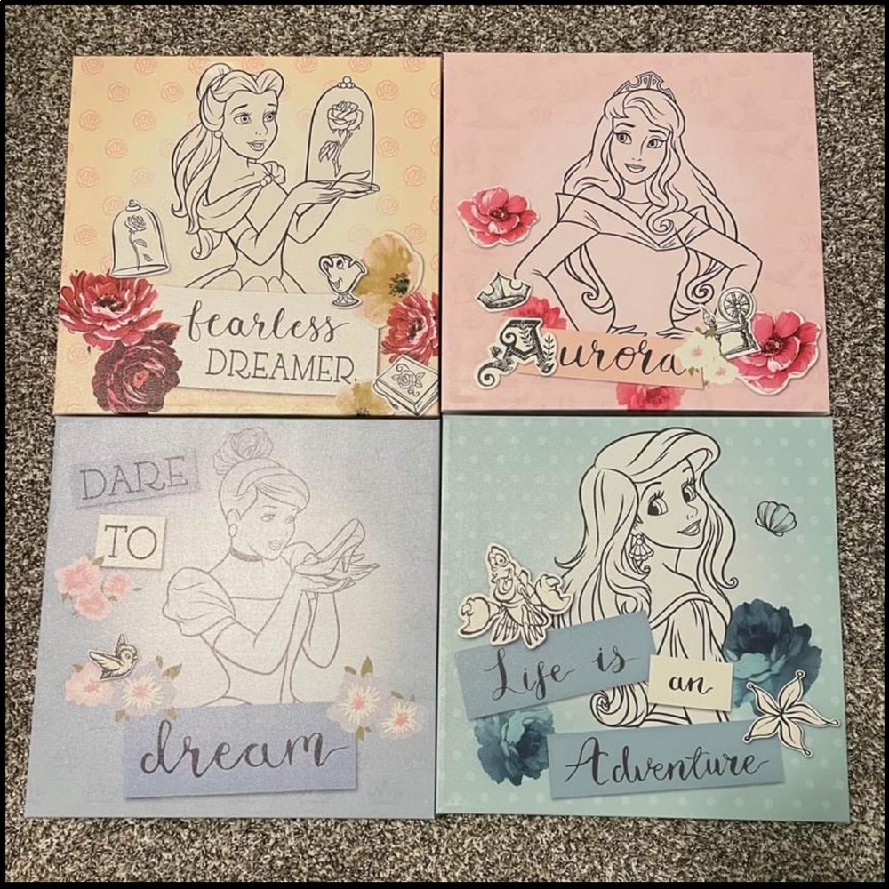 Disney Princess Wall Art Canvas Set Belle Ariel Cinderella Aurora